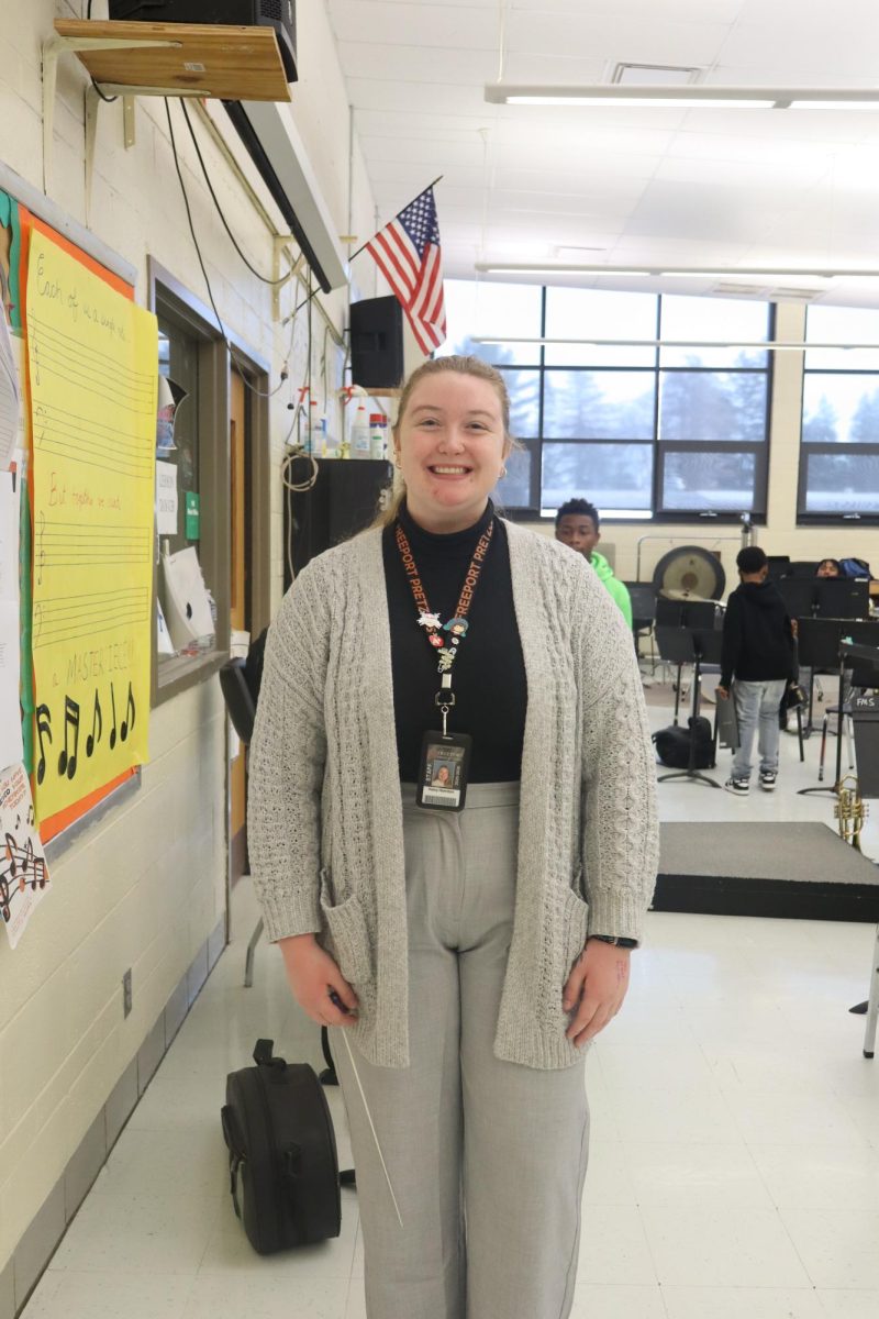 Haley Hamilton poses for a photo in the FMS band room